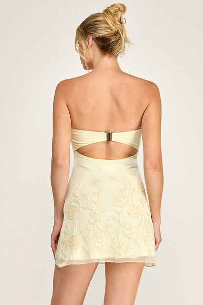 Mesh Strapless Cut Out Back Sequin Floral Mini Dress