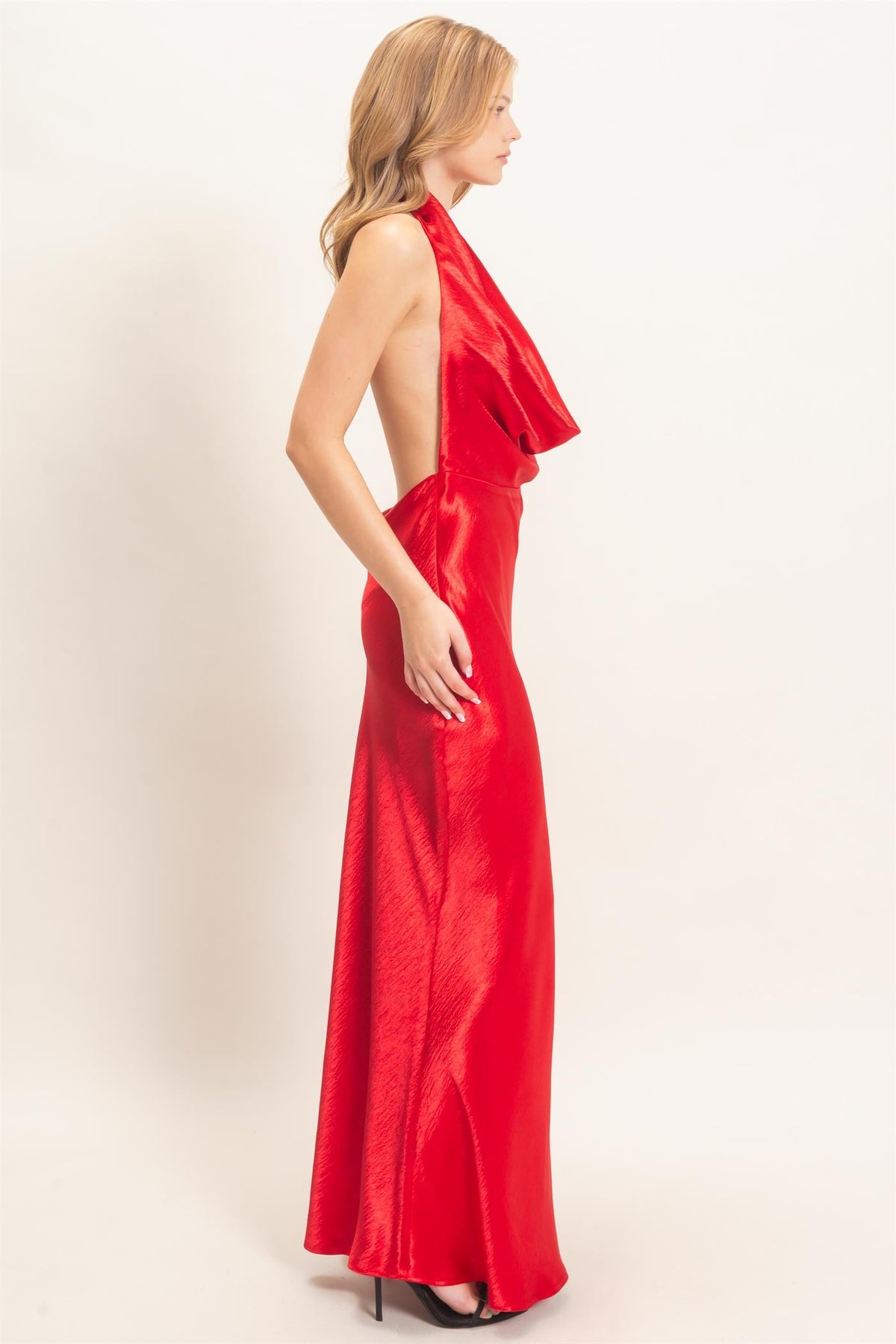 Satin Cowl Neck Halter Maxi Dress