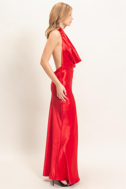 Satin Cowl Neck Halter Maxi Dress