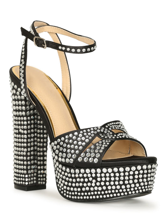 rhinestone block heel platform shoe
