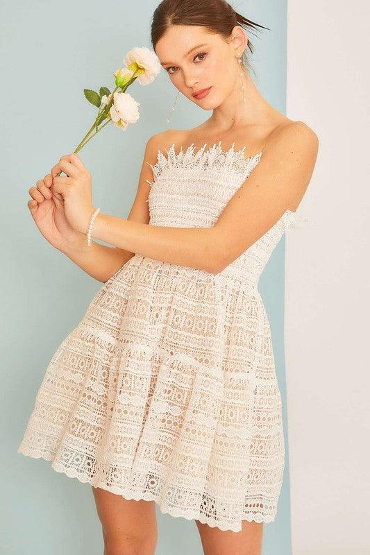 fit & flare strapless smocked crochet lace dress - tarpiniangroup