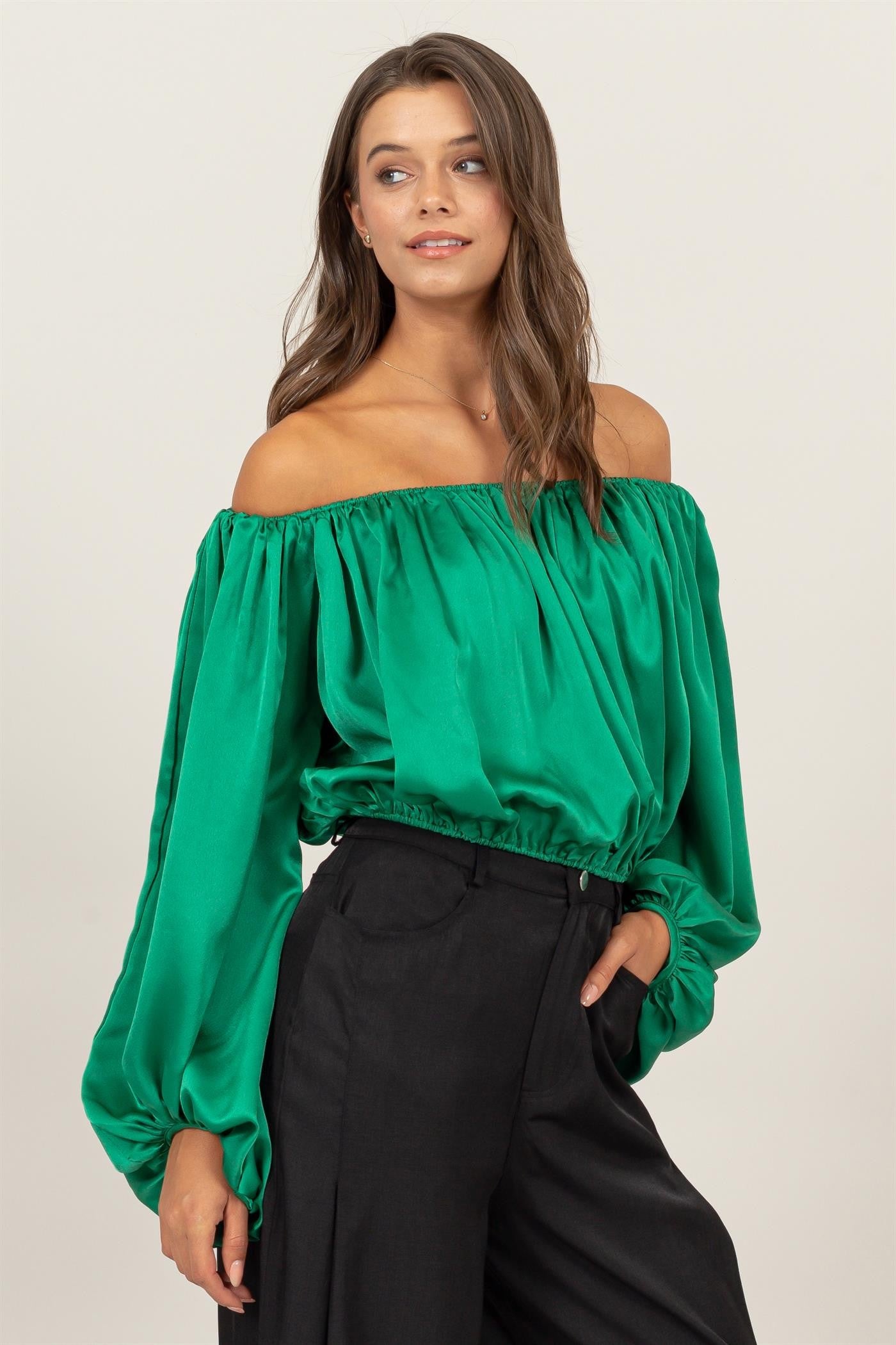 satin off the shoulder balloon sleeve top