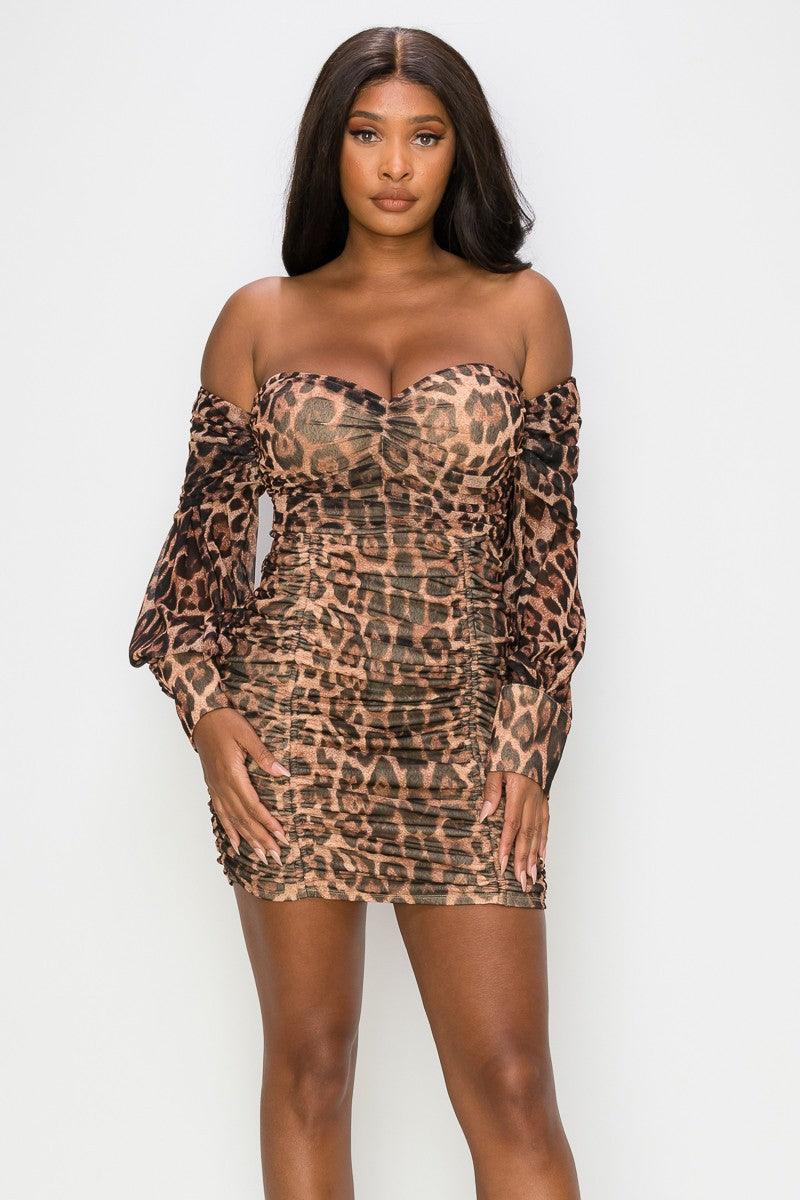 ruched off the shoulder leopard mini dress