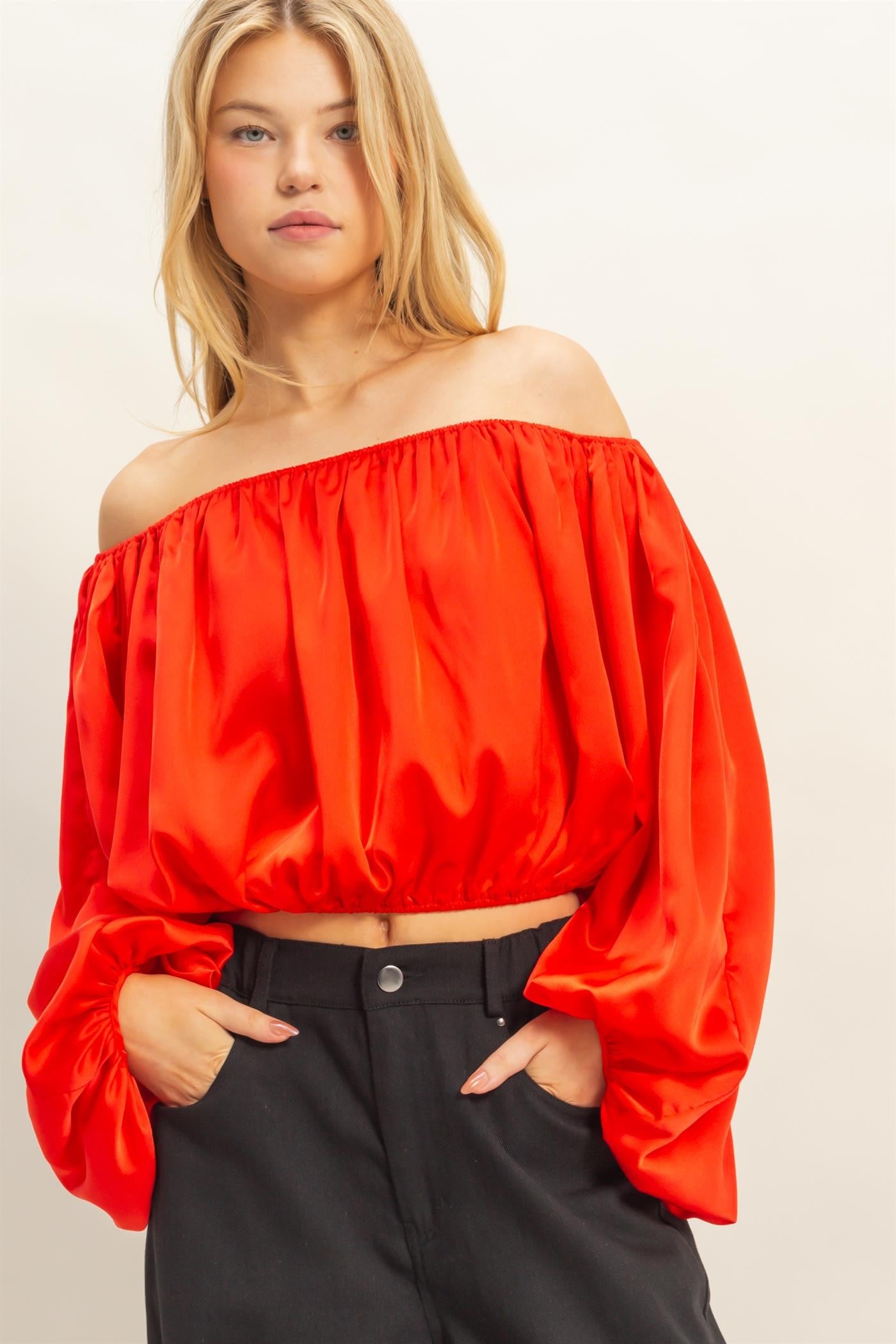 Balloon Sleeve Off the Shoulder Satin Blouse