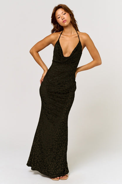 leopard burn out velvet cowl neck halter maxi dress