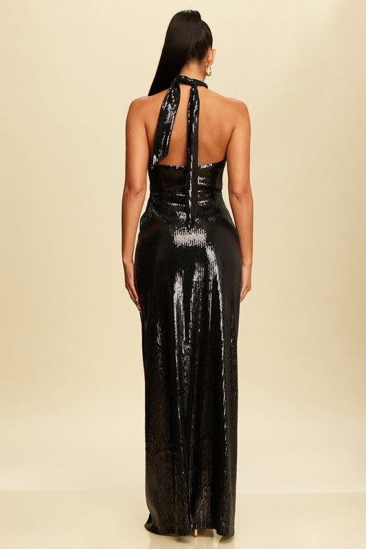 sequin leg split halter maxi dress