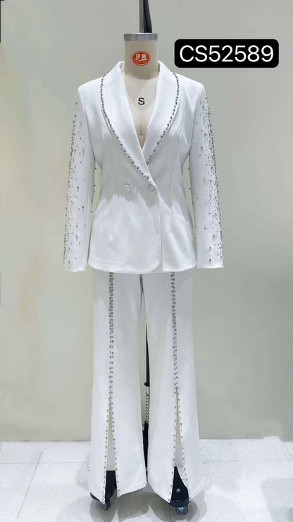 2pc set- rhinestone trim blazer & split leg pants