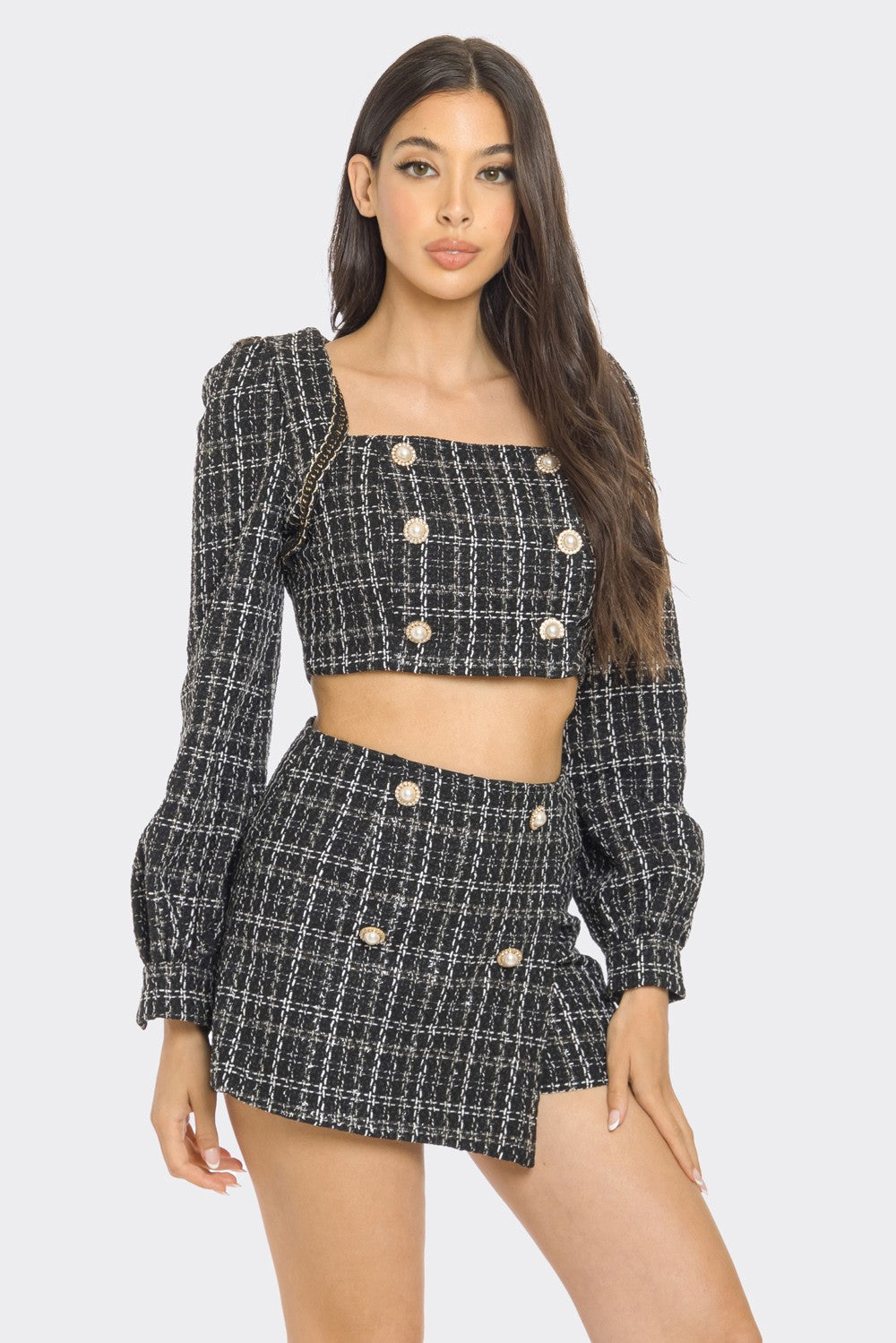 2pc set- tweed long sleeve crop top & skort