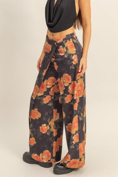 floral satin wide leg pants