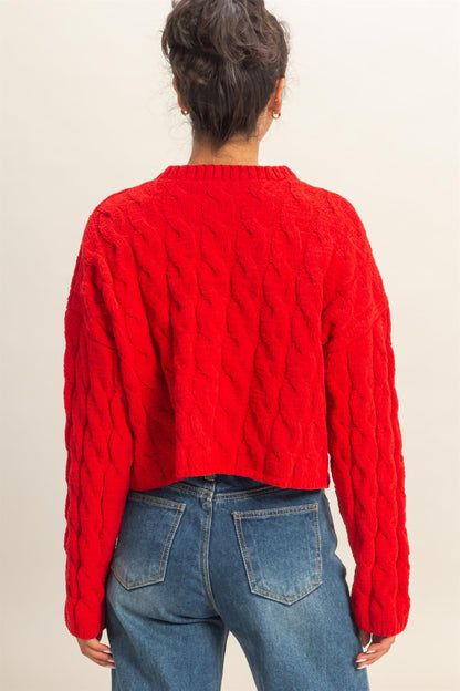 Textured Crew Neck Cable Knit Sweater