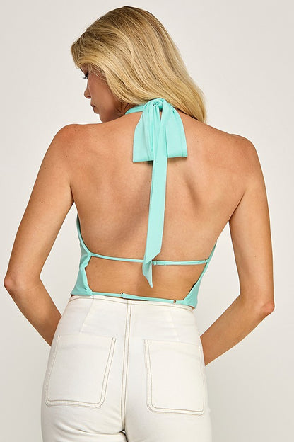 Jersey Halter Cowl Neck Open Back Top
