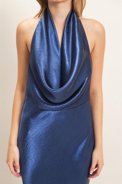 Satin Cowl Neck Halter Maxi Dress