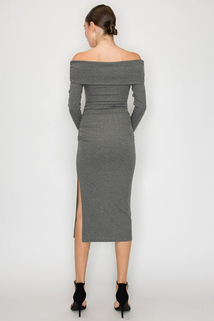 off the shoulder long sleeve midi dress