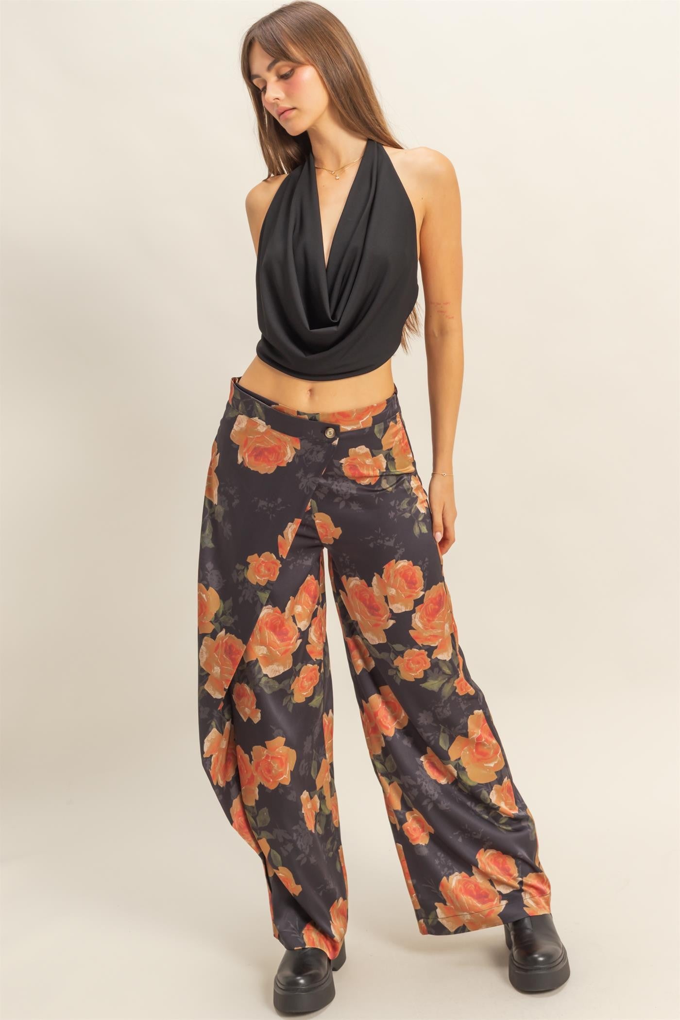floral satin wide leg pants