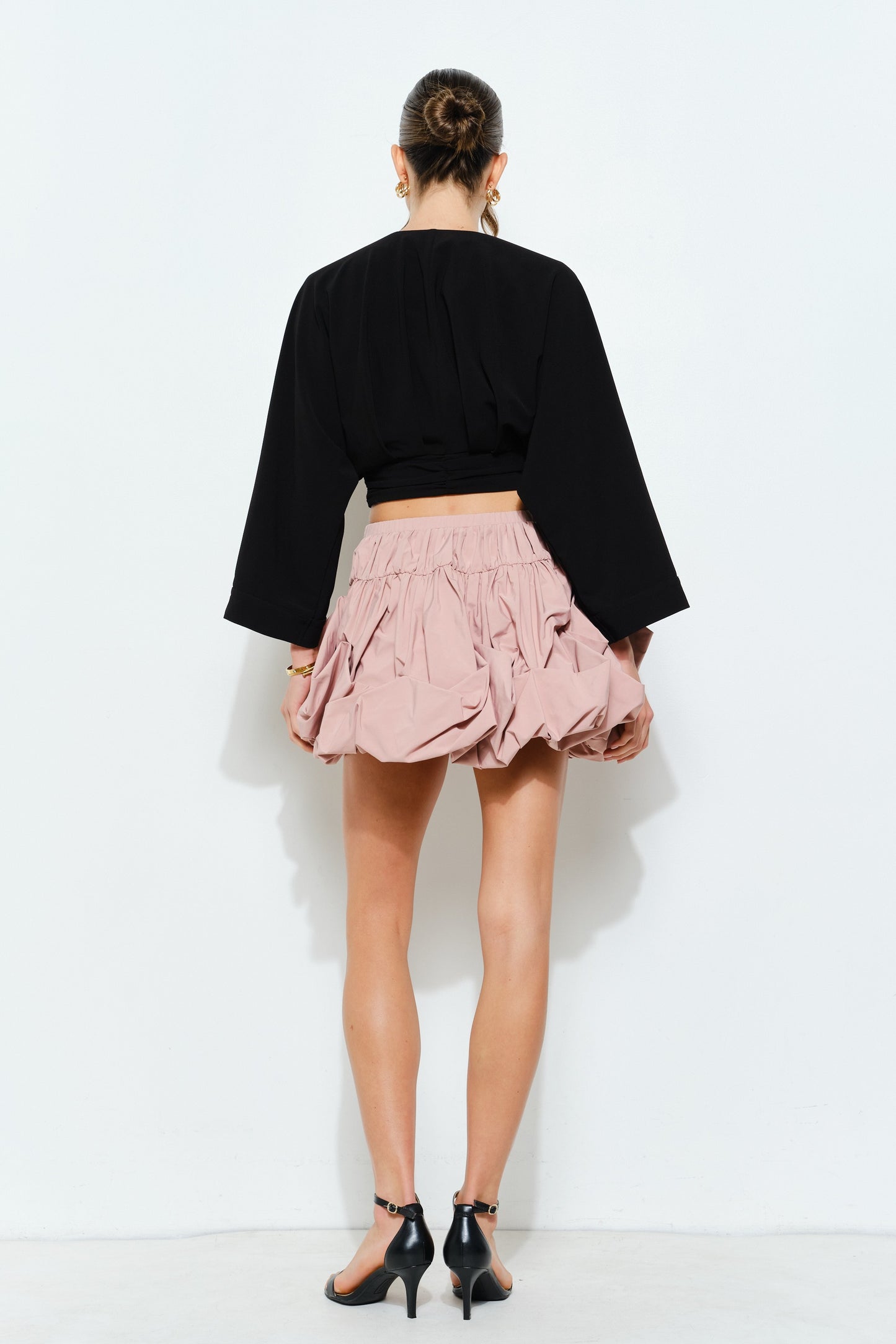 Ruched Button-front Kimono Sleeve Crop Top
