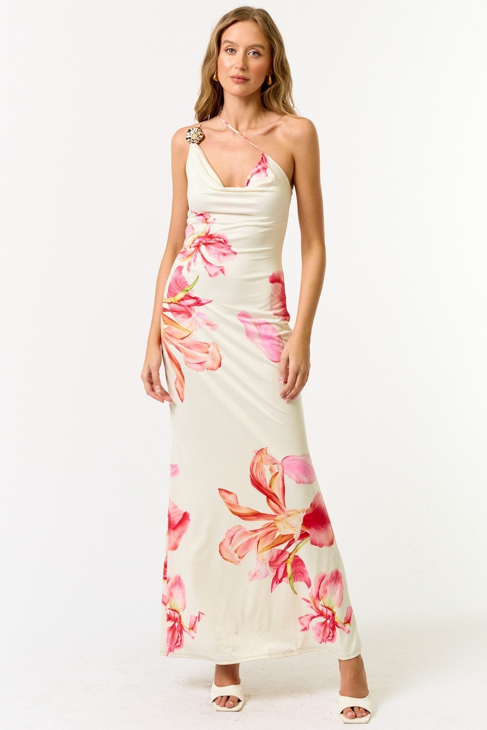 Floral Cowl Neck One Shoulder Maxi Dress