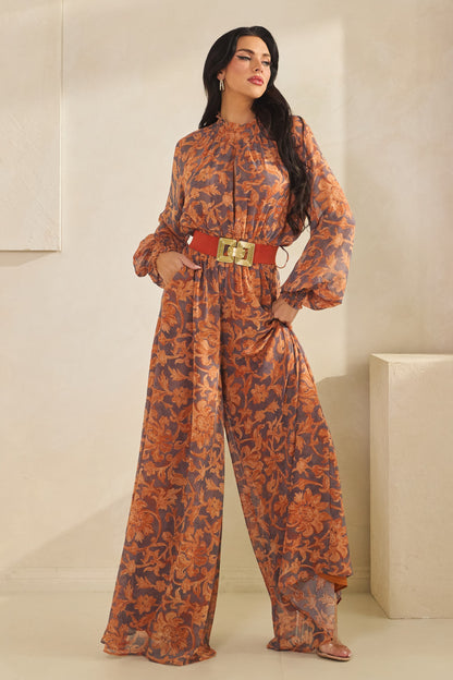 floral long sleeve mock neck wide leg jumpsuit