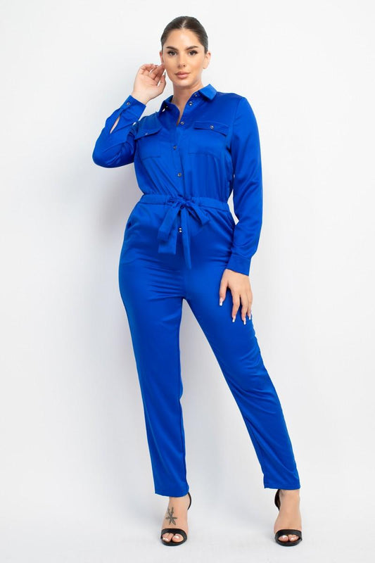 satin long sleeve button down jumpsuit - RK Collections Boutique