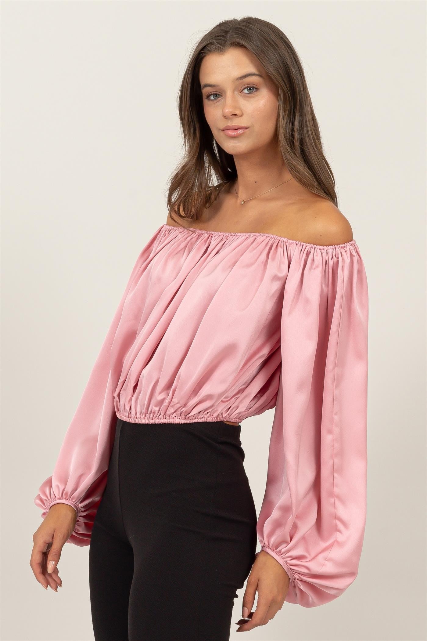 satin off the shoulder balloon sleeve top