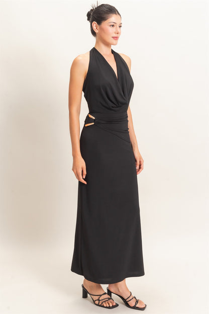 cowl halter neck draped waist maxi dress