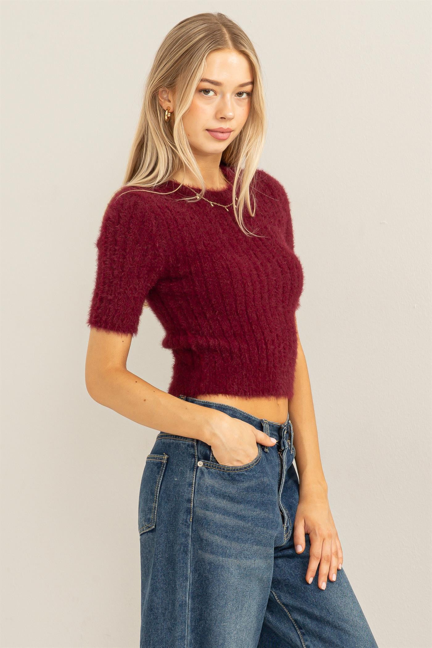 fuzzy short sleeve fitted sweater