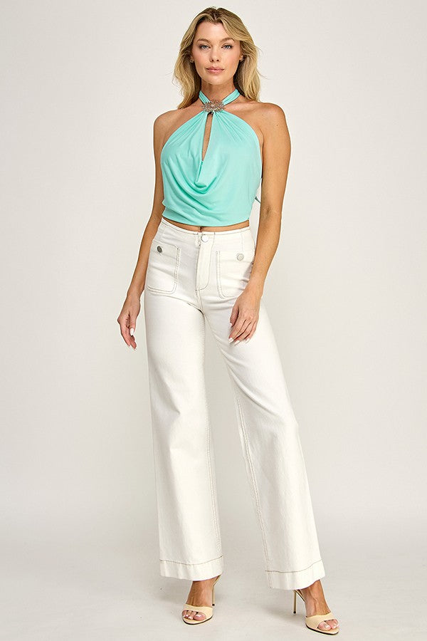 Jersey Halter Cowl Neck Open Back Top