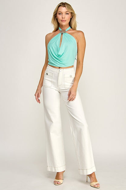 Jersey Halter Cowl Neck Open Back Top