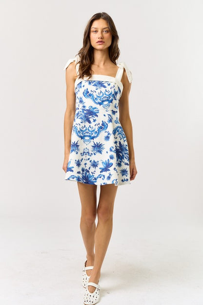 Floral Print Shoulder Bow Tie Mini Dress