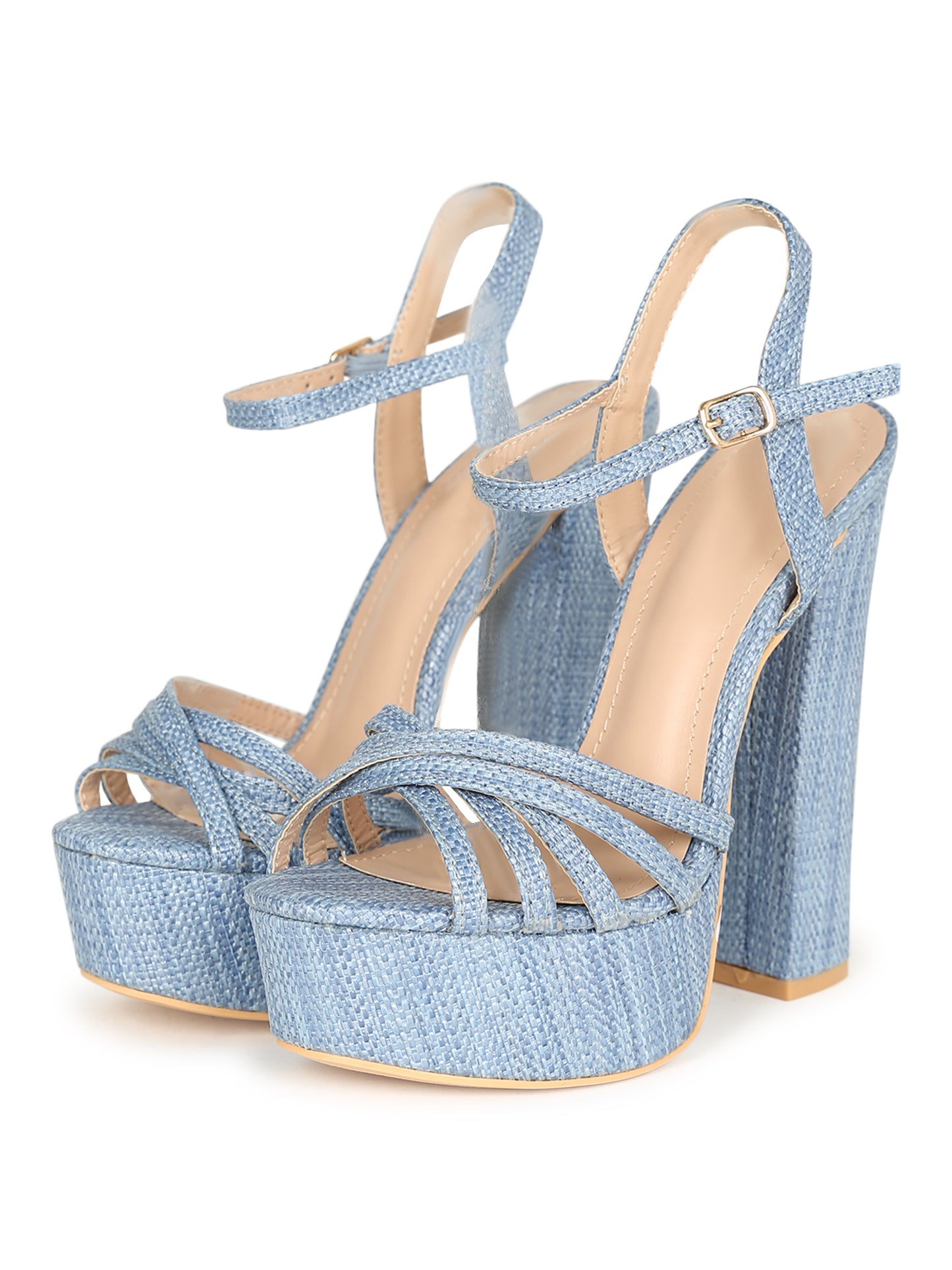 Textured Raffia Platform Block Heel Shoes