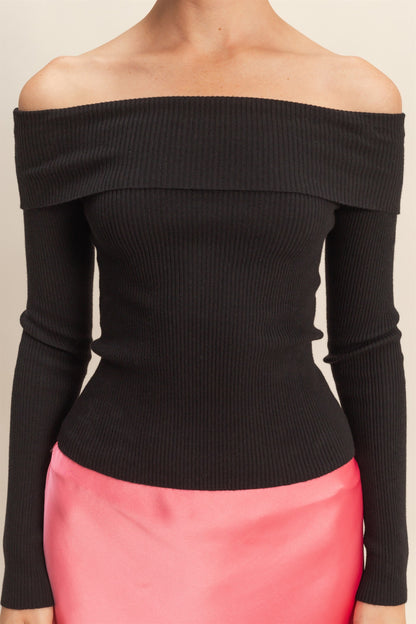Fold over Neck Off The Shoulder Ribbed Long Sleeve Knit Top