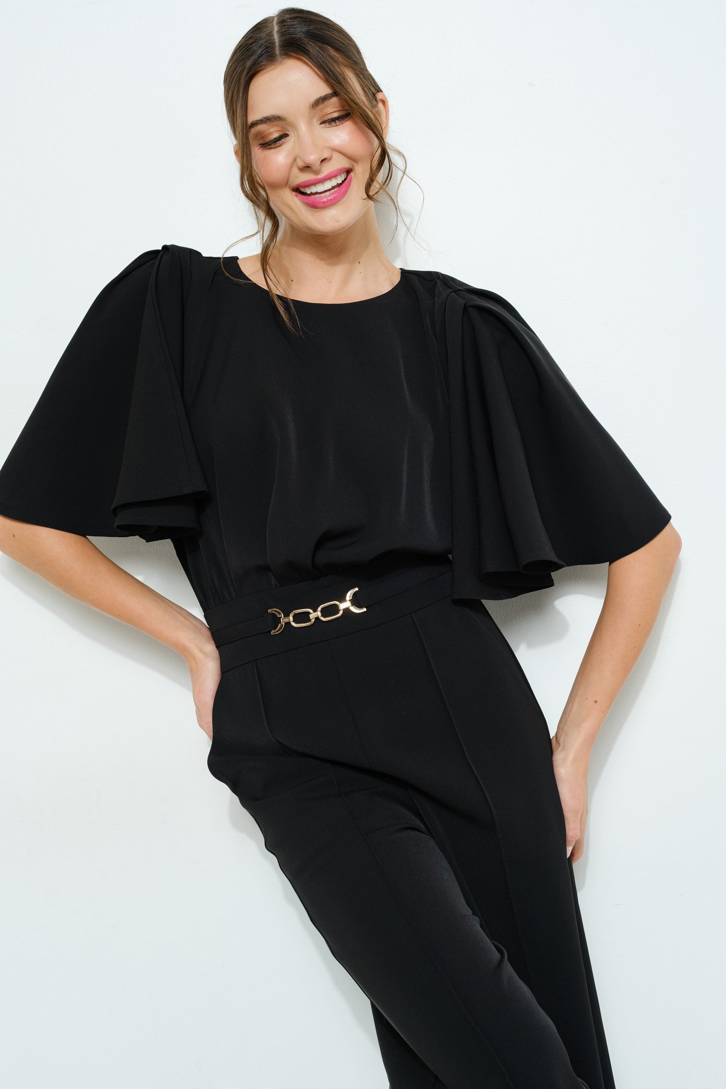 Flutter Kimono Sleeve Buckle Detail Wide Jumpsuit