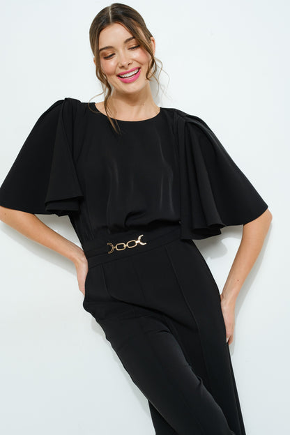 Flutter Kimono Sleeve Buckle Detail Wide Jumpsuit