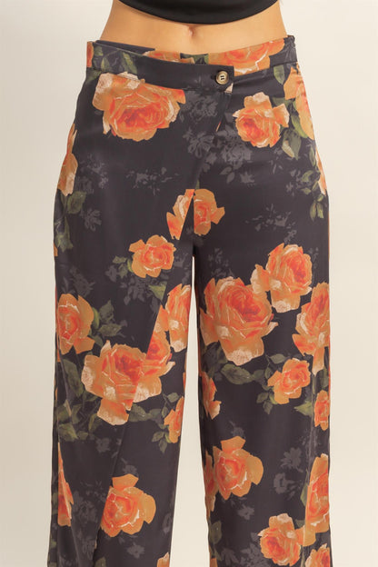 floral satin wide leg pants