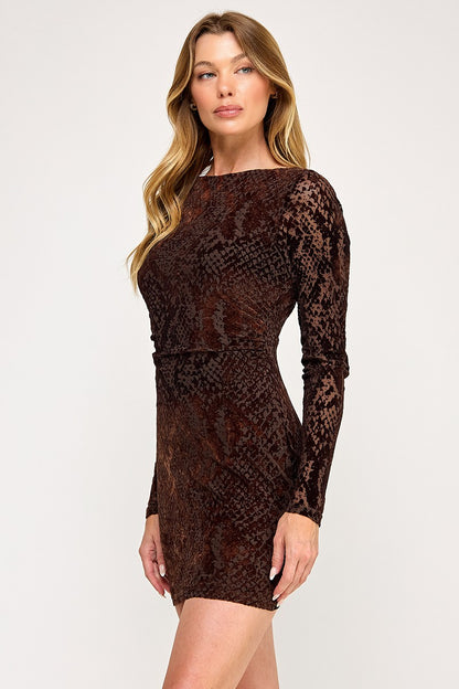 Snakeskin Mesh Long Sleeve Mini Dress