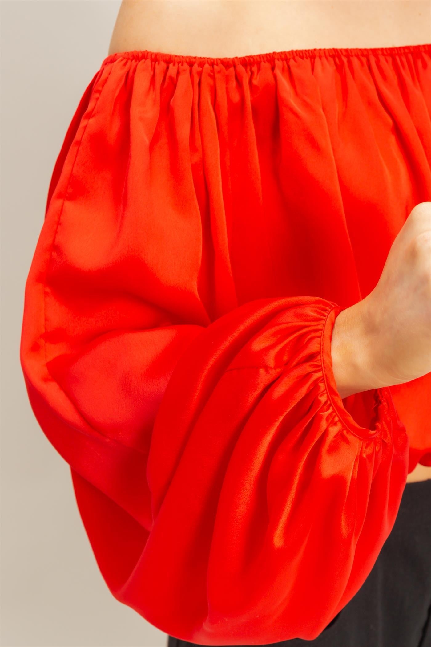Balloon Sleeve Off the Shoulder Satin Blouse