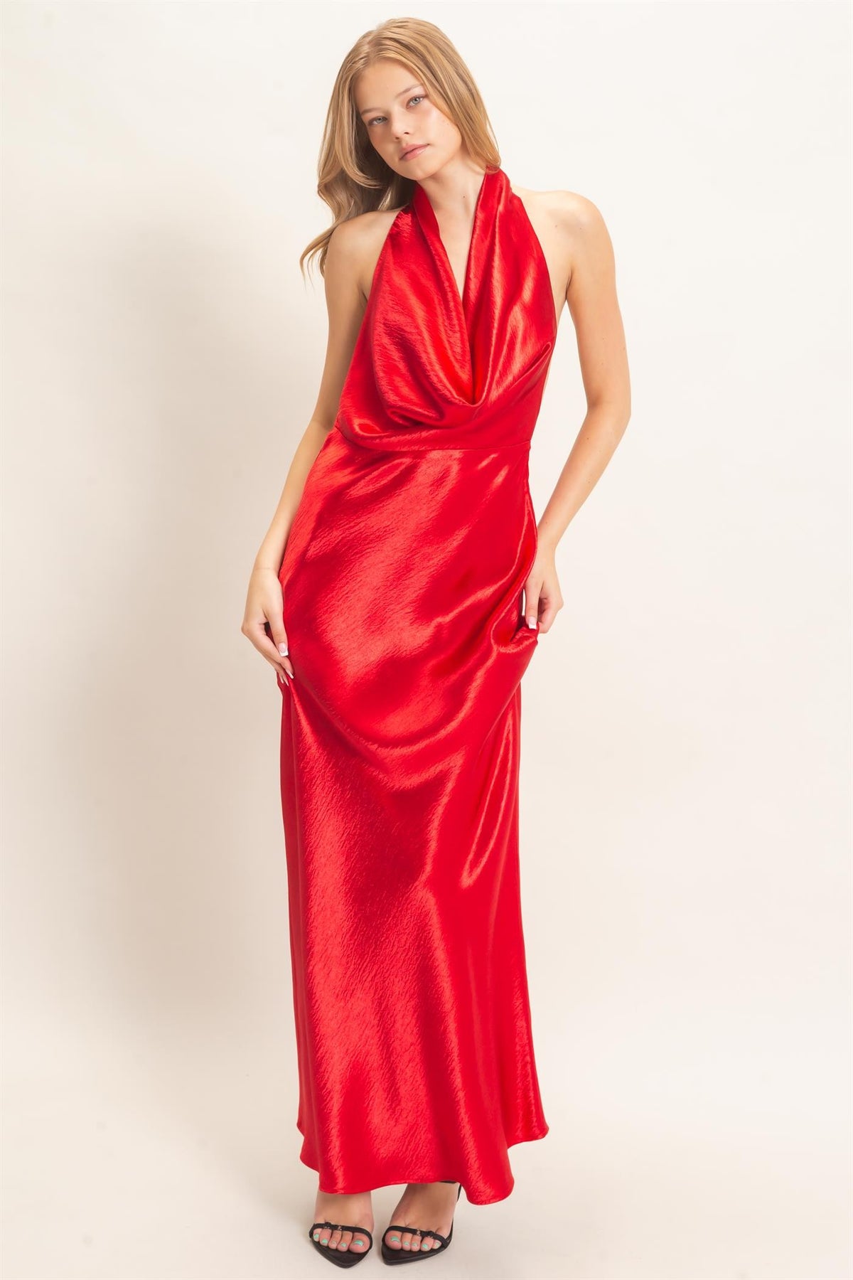 Satin Cowl Neck Halter Maxi Dress