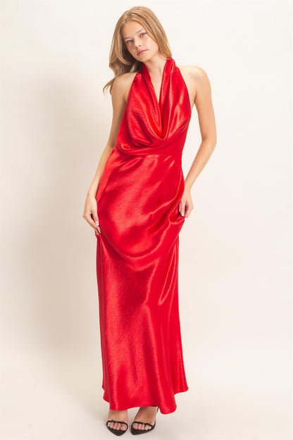 Satin Cowl Neck Halter Maxi Dress