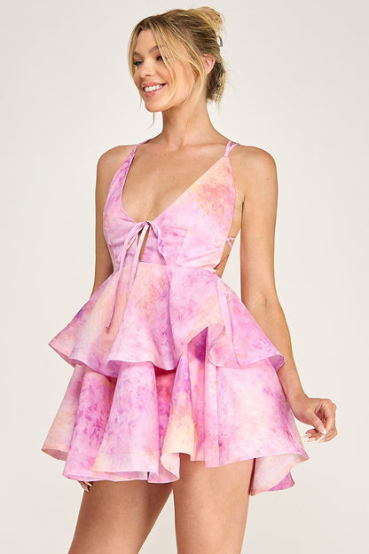 Plunging Neck Organza Ruffle Tie Back Sleeveless Dress