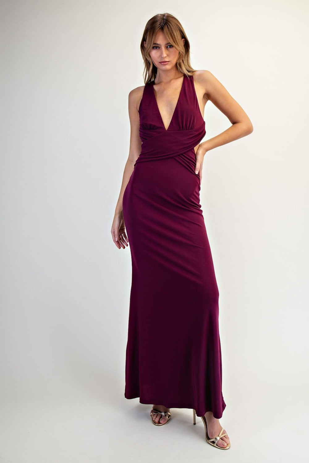 Halter Open Back Plunging Neck Knit Maxi Dress
