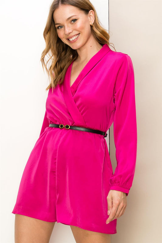 long sleeve satin belted romper - RK Collections Boutique
