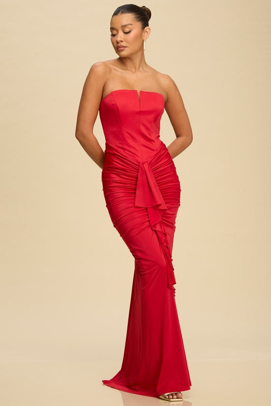 strapless ruched jersey mermaid maxi dress