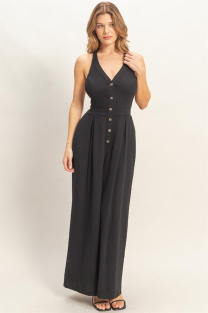 Halter Button-front Jumpsuit