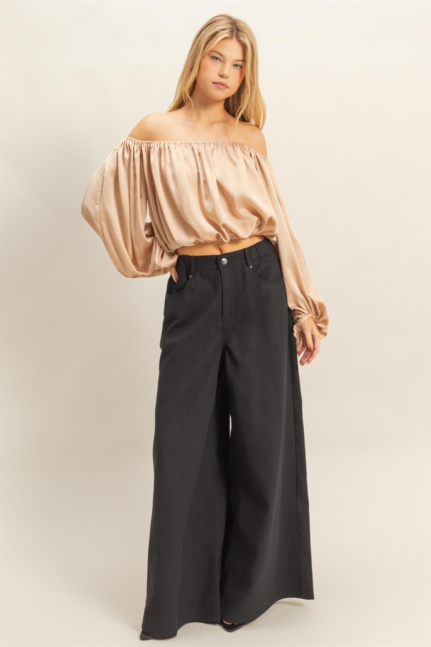 Balloon Sleeve Off the Shoulder Satin Blouse