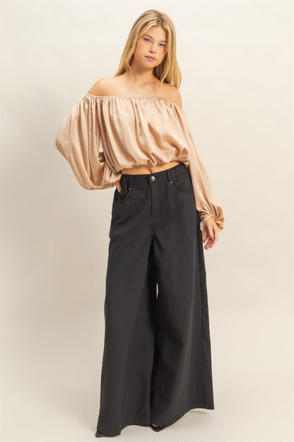 Balloon Sleeve Off the Shoulder Satin Blouse