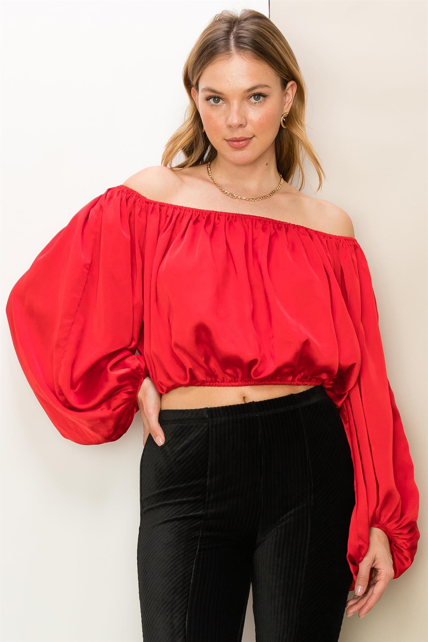 satin off the shoulder long sleeve top - RK Collections Boutique