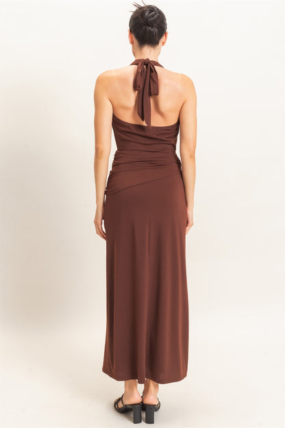 cowl halter neck draped waist maxi dress