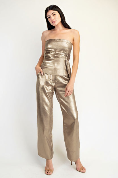 Foiled Crepe Twisted Front Detailed Strapless Top