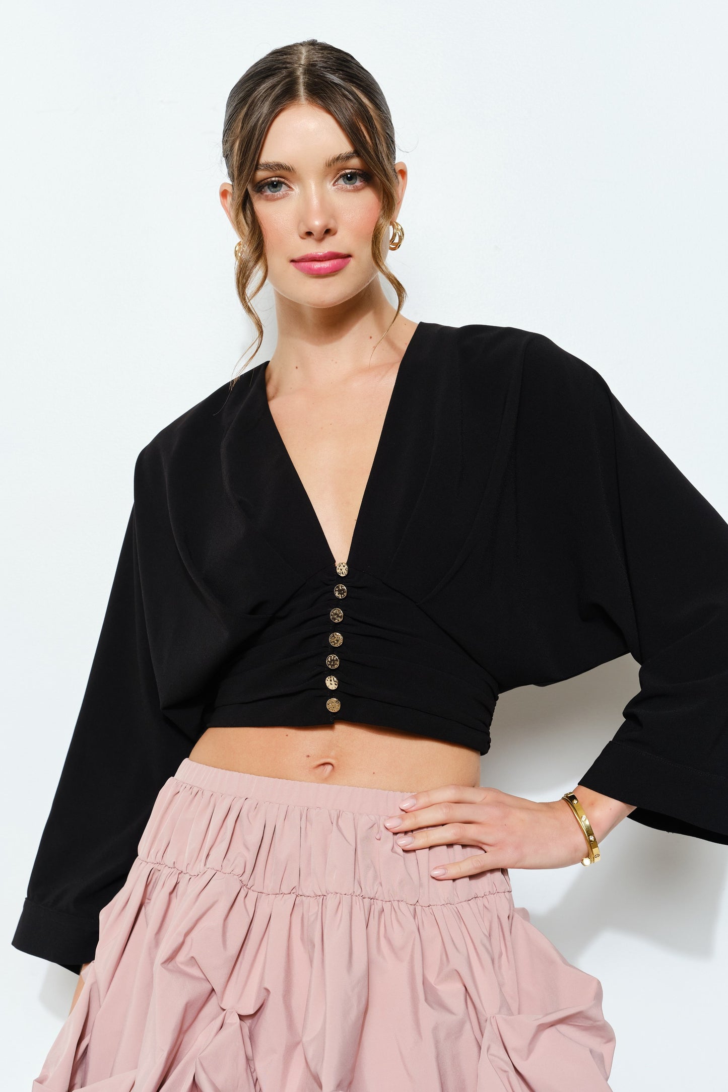 Ruched Button-front Kimono Sleeve Crop Top