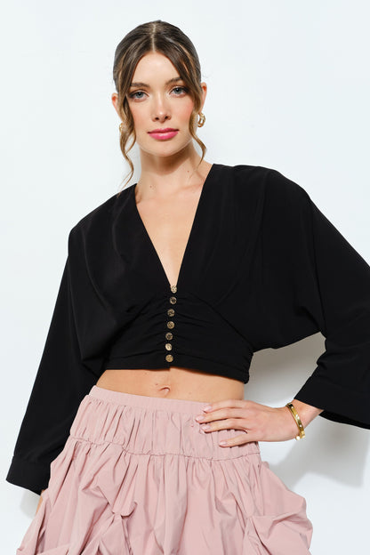 Ruched Button-front Kimono Sleeve Crop Top