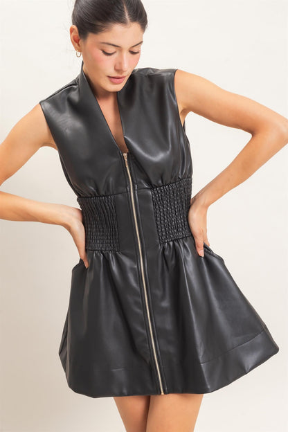 Faux Leather Zip Front Sleeveless Dress